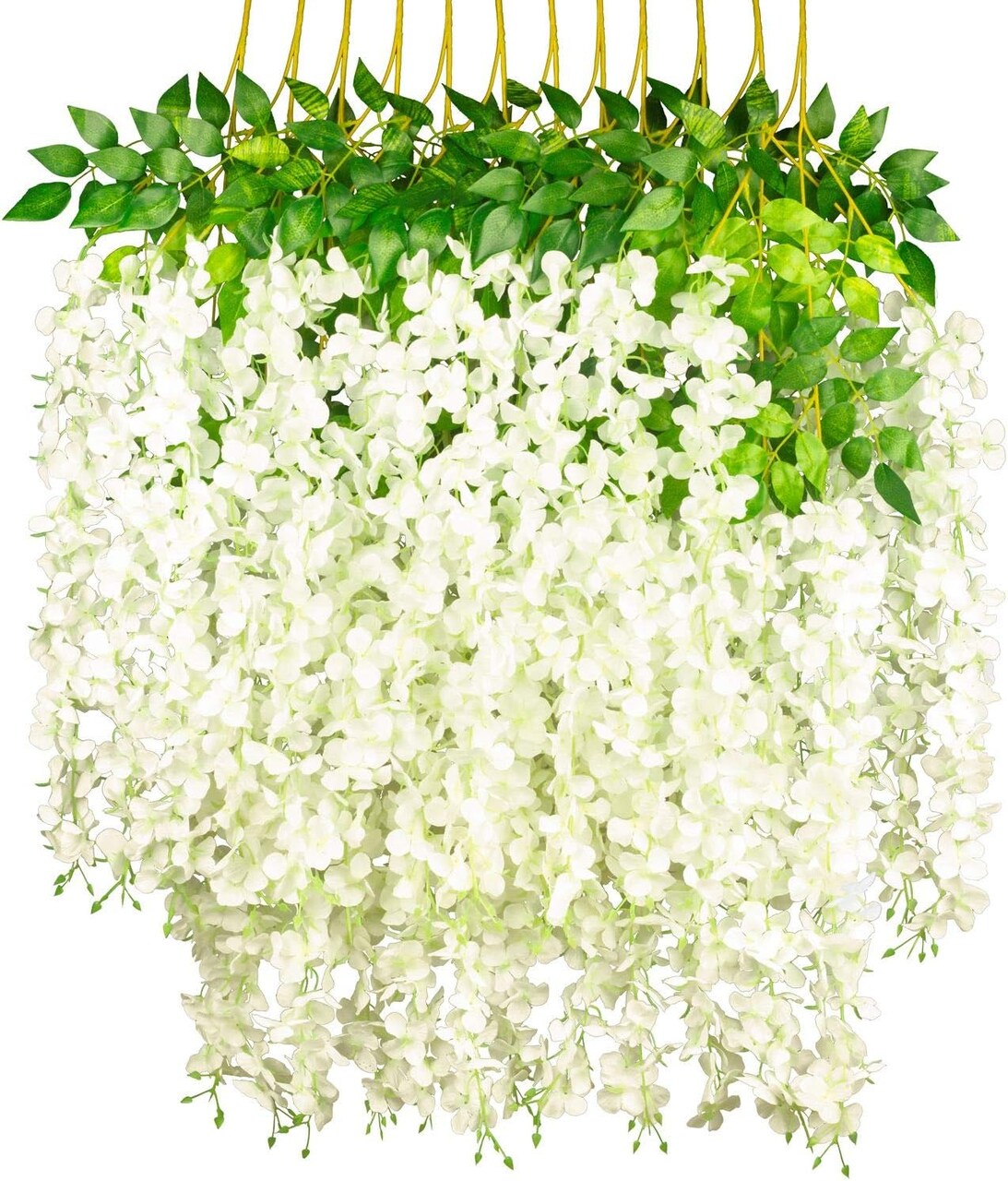 12 Pack Wisteria Hanging Artificial Flowers – 36 Branches, 3.7 ft Silk Vine Garland in Beige, Green & White for Wedding, Party, Garden & Home Wall Décor